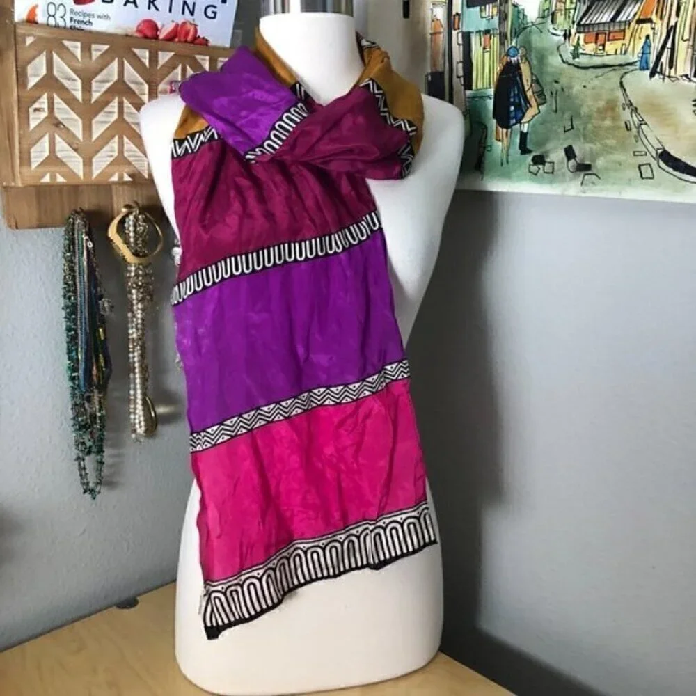 Vintage Estate Silk Scarf Women's Black White & Jewel Tones Tribal 60
